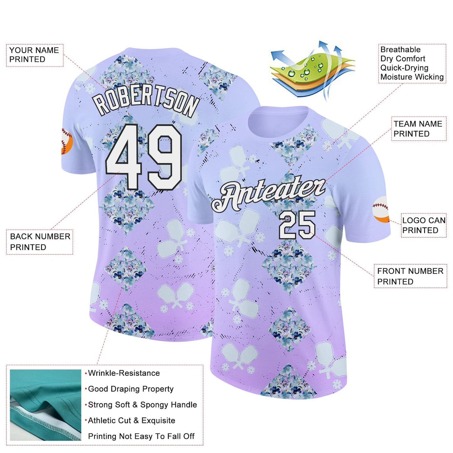 Custom Purple White-Black 3D Pickleball Paddles Balls Floral Performance T-Shirt view 2