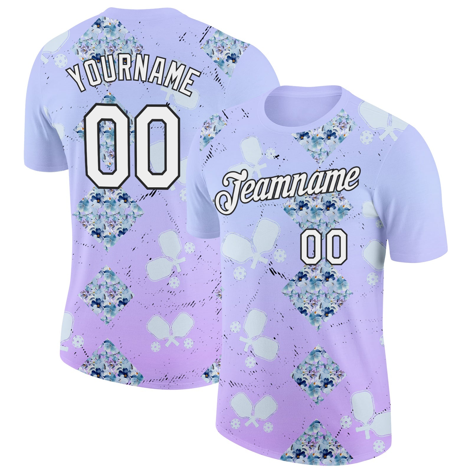 Custom Purple White-Black 3D Pickleball Paddles Balls Floral Performance T-Shirt - Main View