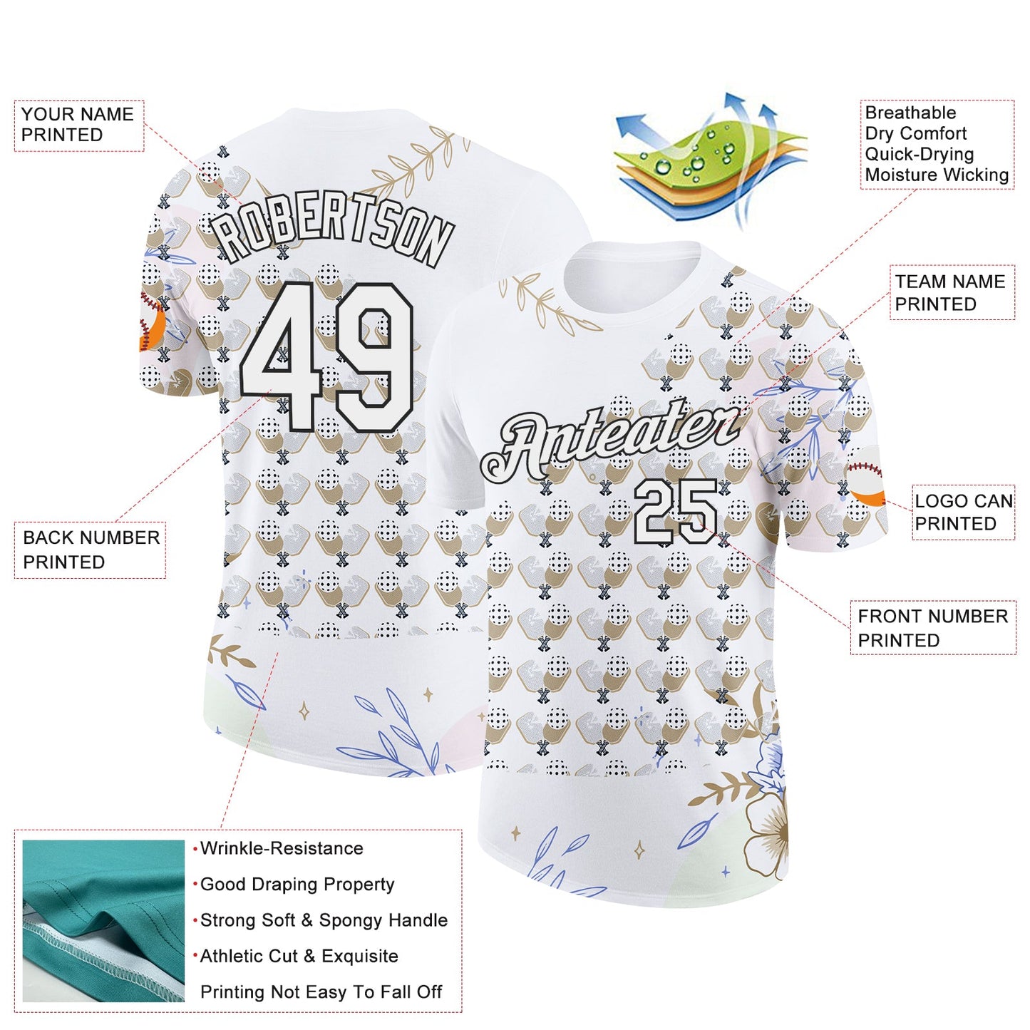 Custom White Black 3D Pickleball Paddles Balls Floral Performance T-Shirt view 2