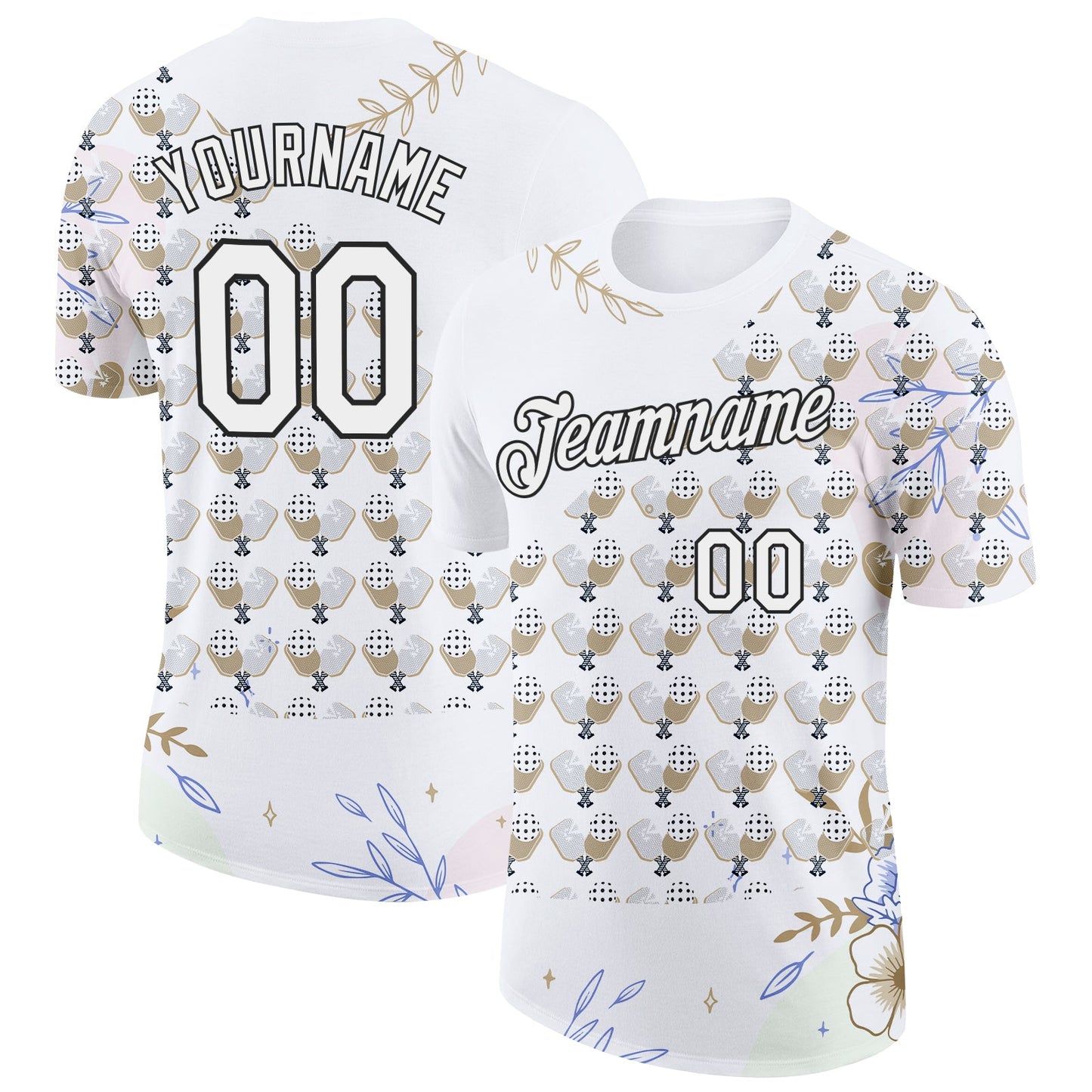 Custom White Black 3D Pickleball Paddles Balls Floral Performance T-Shirt - Main View
