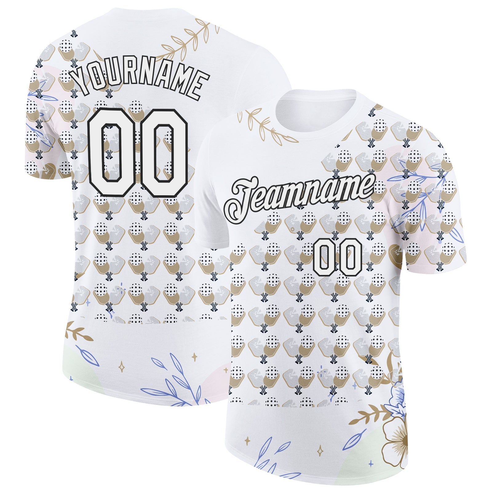 Custom White Black 3D Pickleball Paddles Balls Floral Performance T-Shirt - Main View