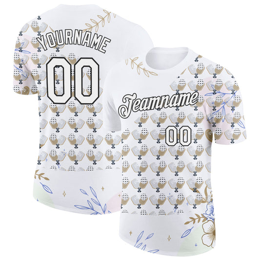 Custom White Black 3D Pickleball Paddles Balls Floral Performance T-Shirt - Main View