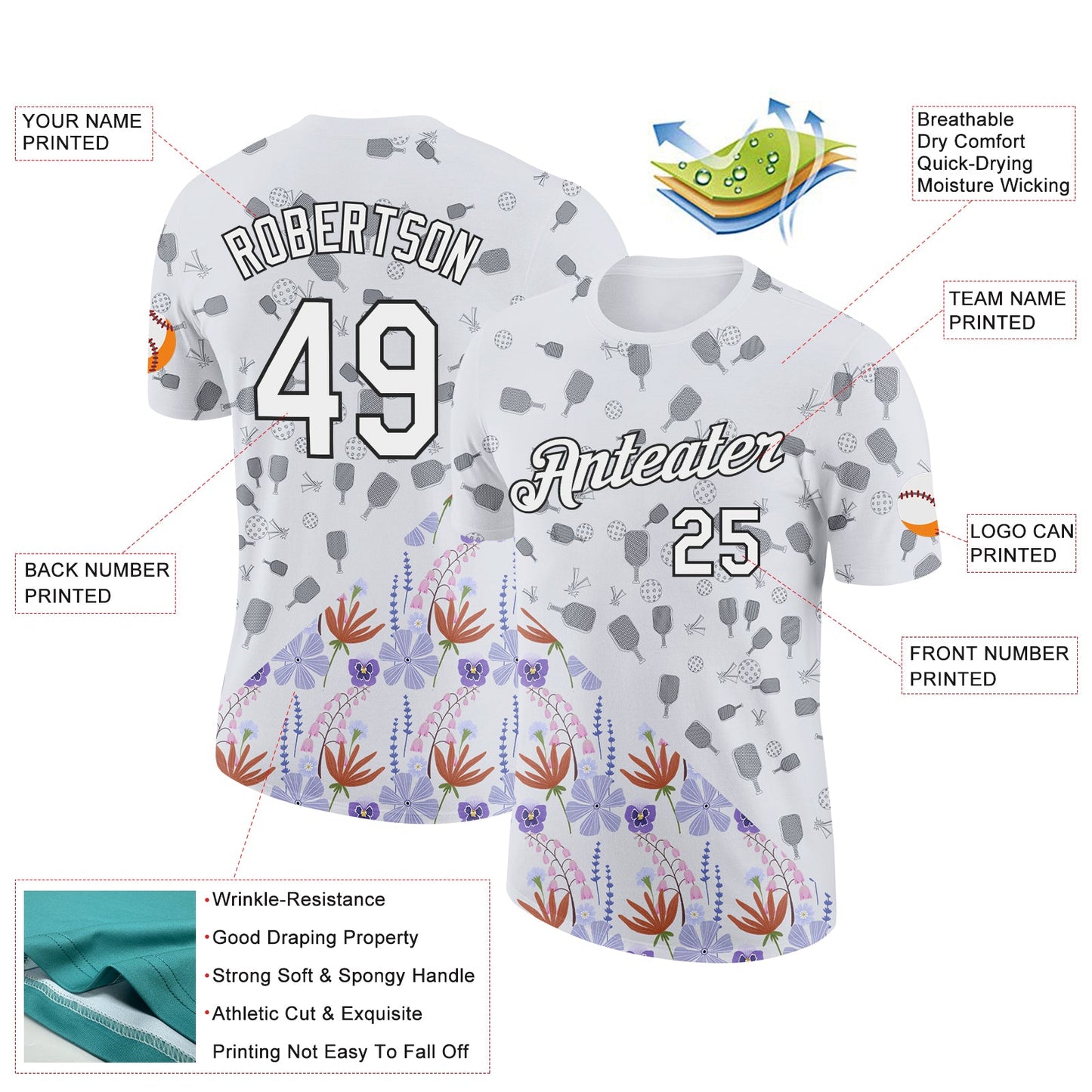 Custom White Black 3D Pickleball Paddles Balls Floral Performance T-Shirt view 2
