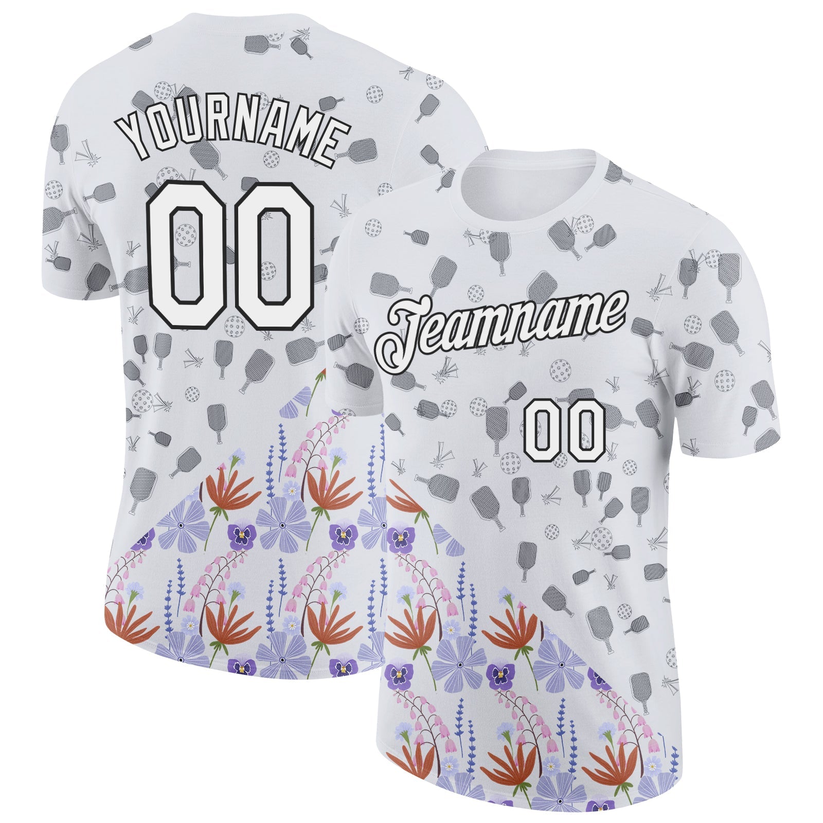 Custom White Black 3D Pickleball Paddles Balls Floral Performance T-Shirt - Main View