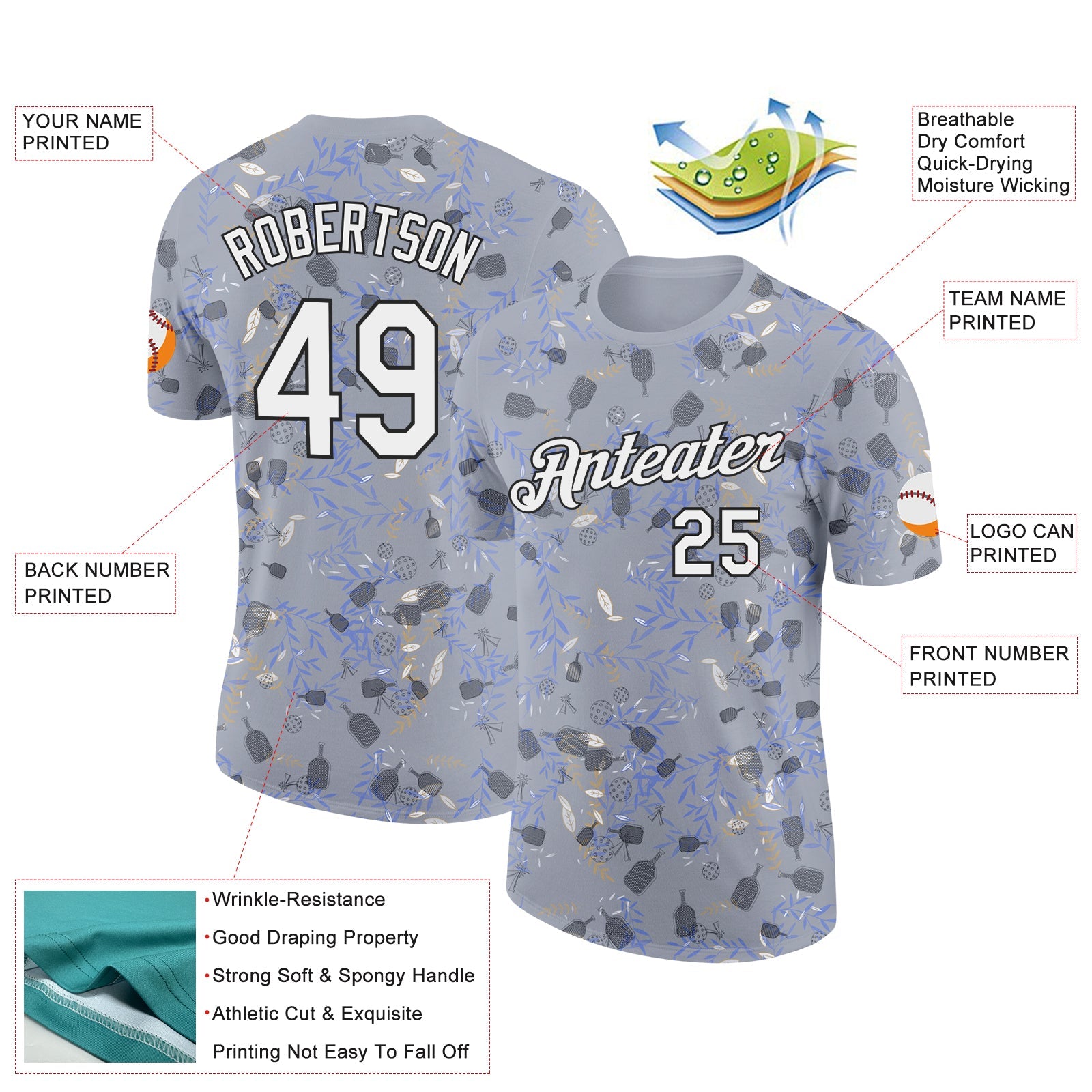 Custom Gray White-Black 3D Pickleball Paddles Balls Floral Performance T-Shirt view 2