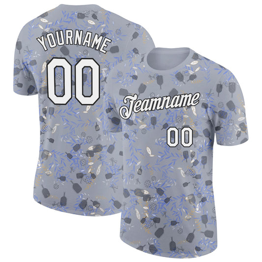 Custom Gray White-Black 3D Pickleball Paddles Balls Floral Performance T-Shirt - Main View