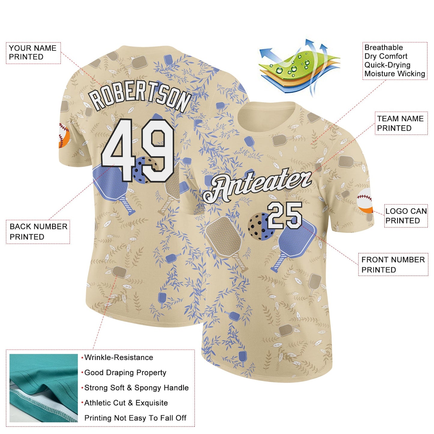 Custom Cream White-Black 3D Pickleball Paddles Balls Floral Performance T-Shirt view 2