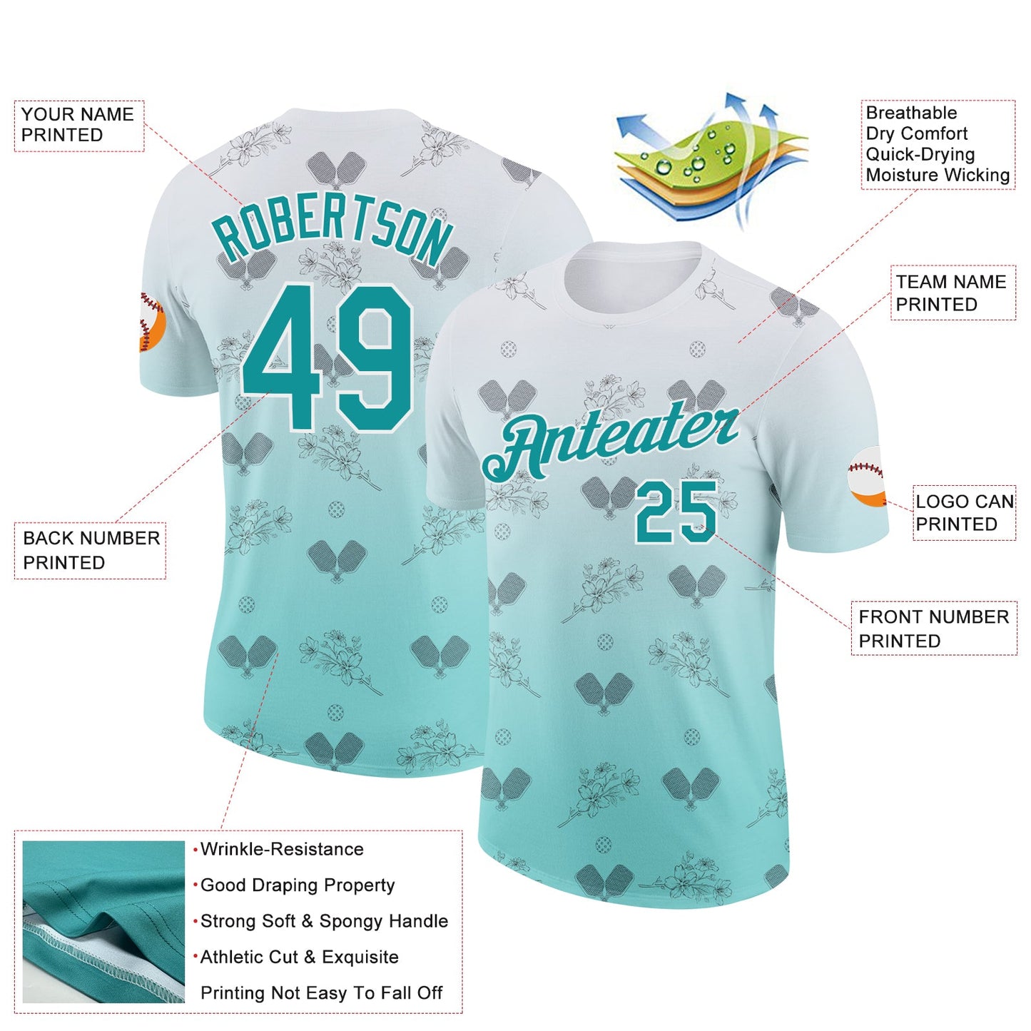 Custom Blue Teal-White 3D Gradient Pickleball Paddles Balls Floral Performance T-Shirt view 2