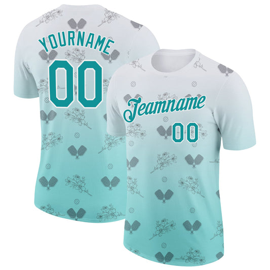 Custom Blue Teal-White 3D Gradient Pickleball Paddles Balls Floral Performance T-Shirt - Main View