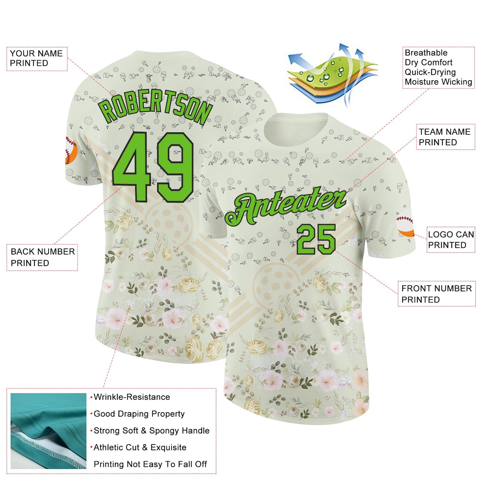 Custom Cream Aurora Green-Black 3D Pickleball Paddles Balls Floral Performance T-Shirt view 2