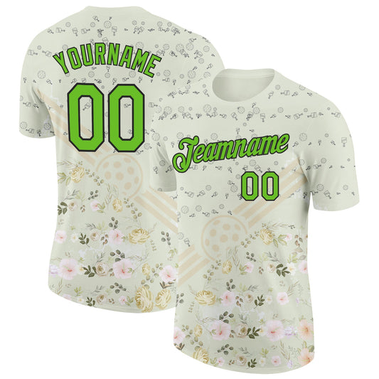 Custom Cream Aurora Green-Black 3D Pickleball Paddles Balls Floral Performance T-Shirt - Main View