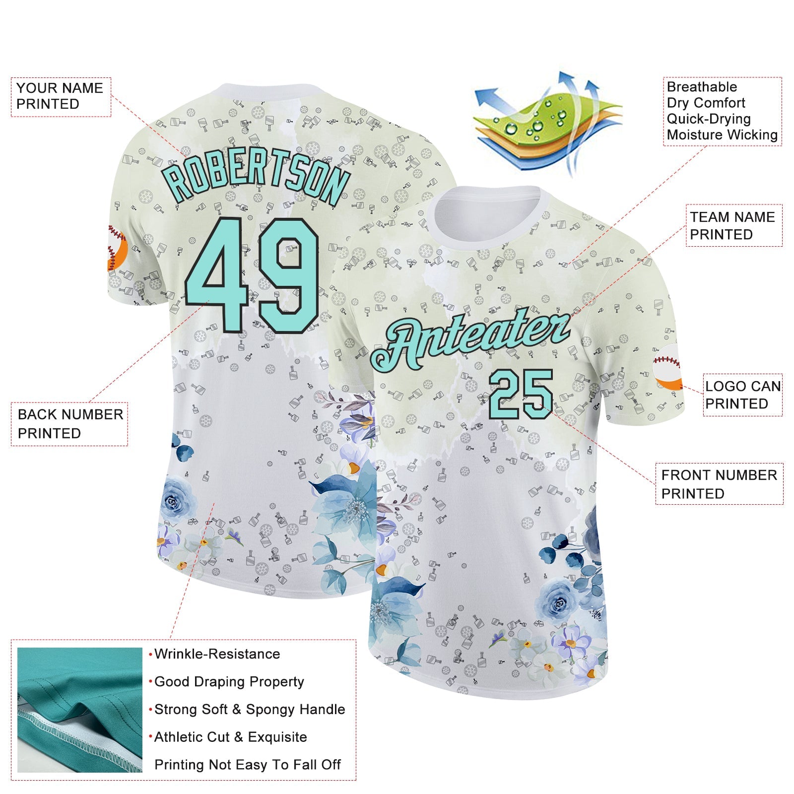 Custom White Ice Blue-Black 3D Pickleball Paddles Balls Floral Performance T-Shirt view 2