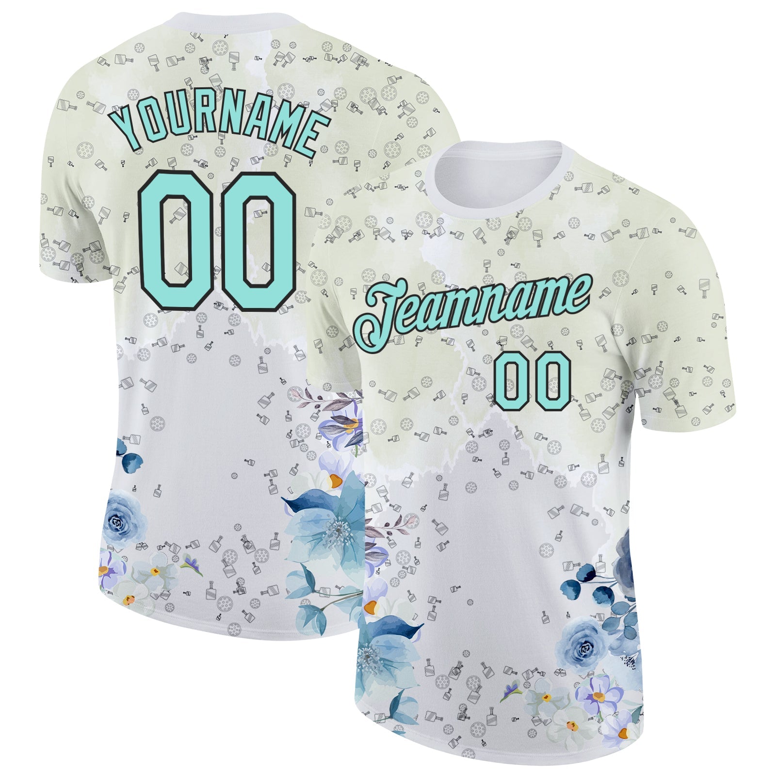 Custom White Ice Blue-Black 3D Pickleball Paddles Balls Floral Performance T-Shirt - Main View