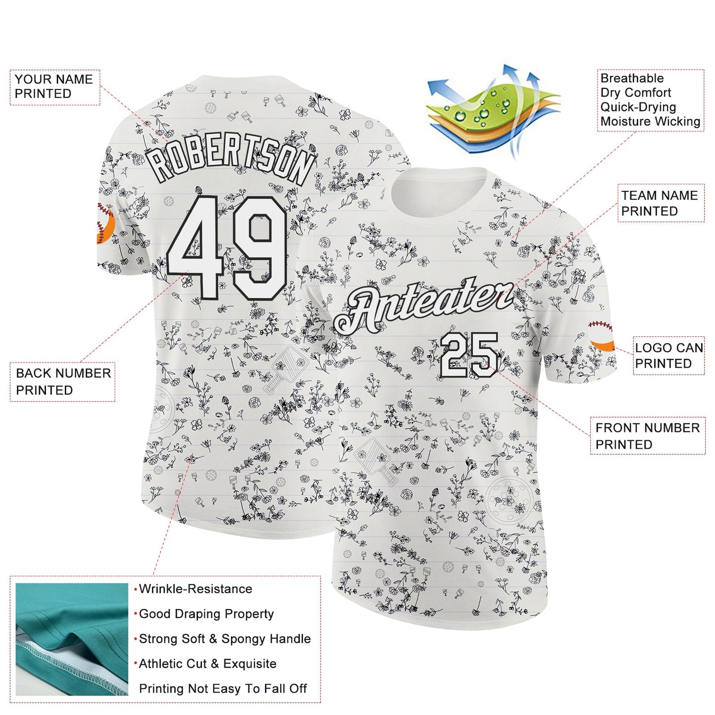 Custom Cream White-Black 3D Pickleball Paddles Balls Floral Performance T-Shirt view 2