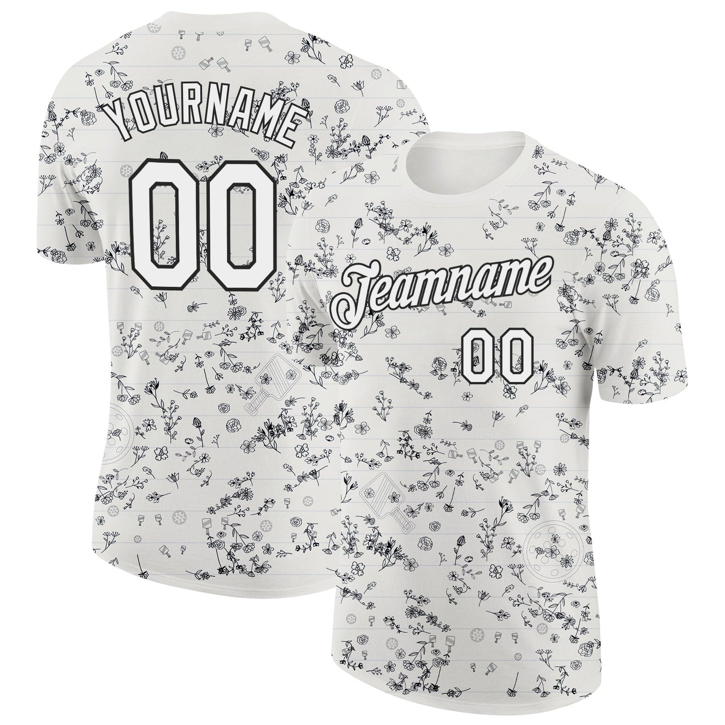 Custom Cream White-Black 3D Pickleball Paddles Balls Floral Performance T-Shirt - Main View