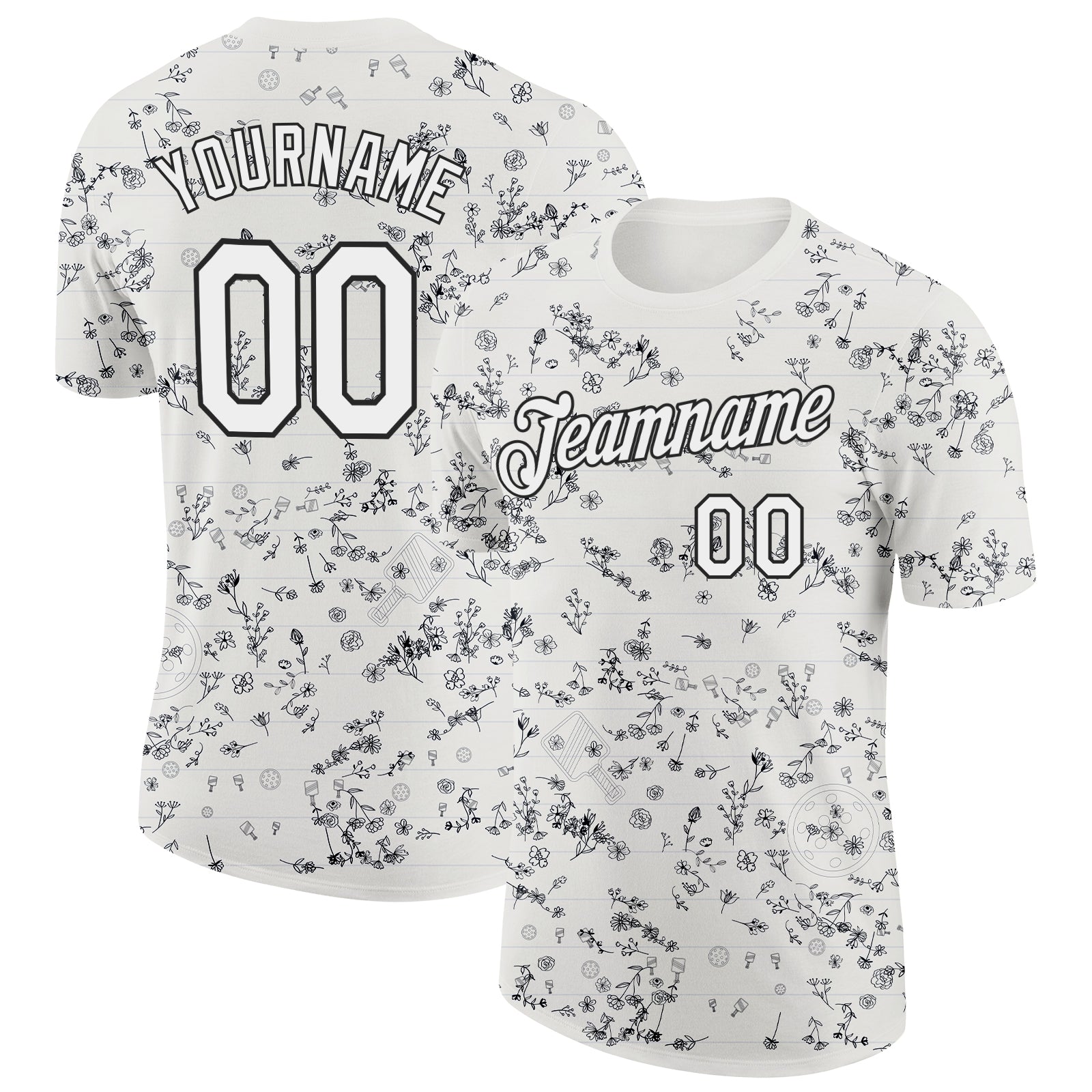Custom Cream White-Black 3D Pickleball Paddles Balls Floral Performance T-Shirt - Main View