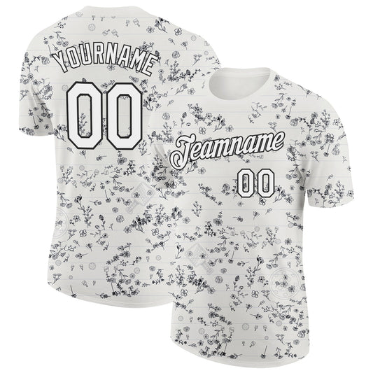 Custom Cream White-Black 3D Pickleball Paddles Balls Floral Performance T-Shirt - Main View