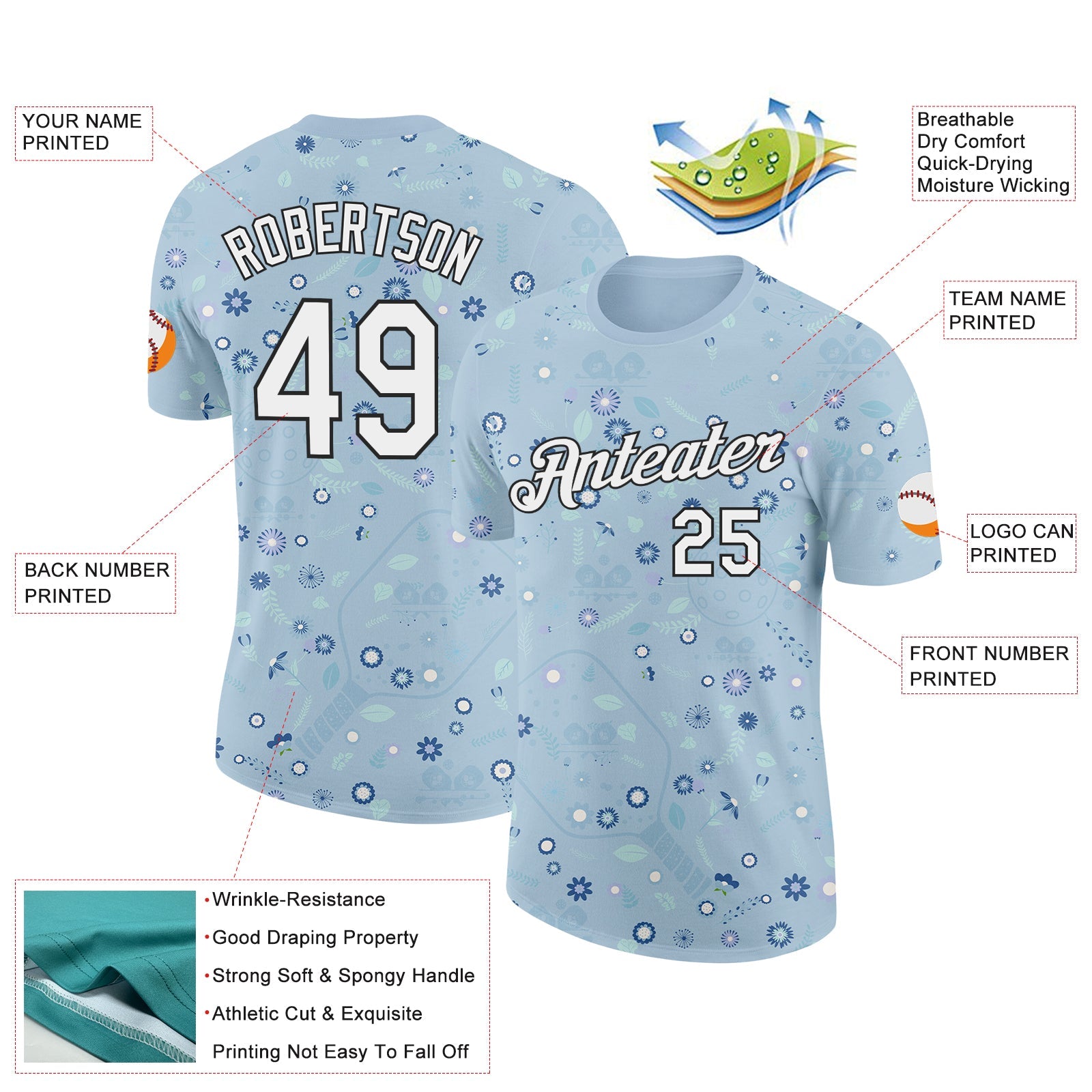 Custom Blue White-Black 3D Pickleball Paddles Balls Floral Performance T-Shirt view 2