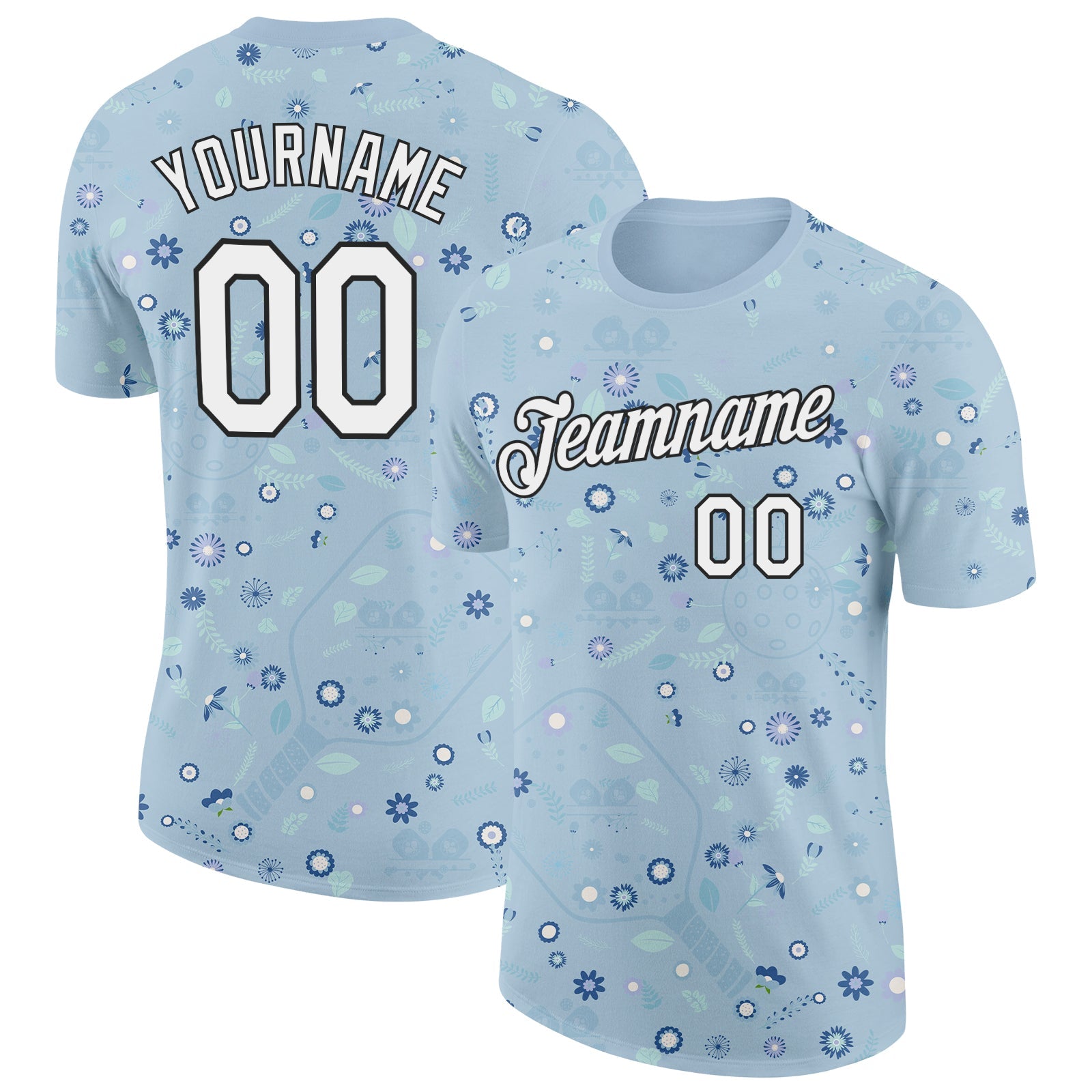 Custom Blue White-Black 3D Pickleball Paddles Balls Floral Performance T-Shirt - Main View