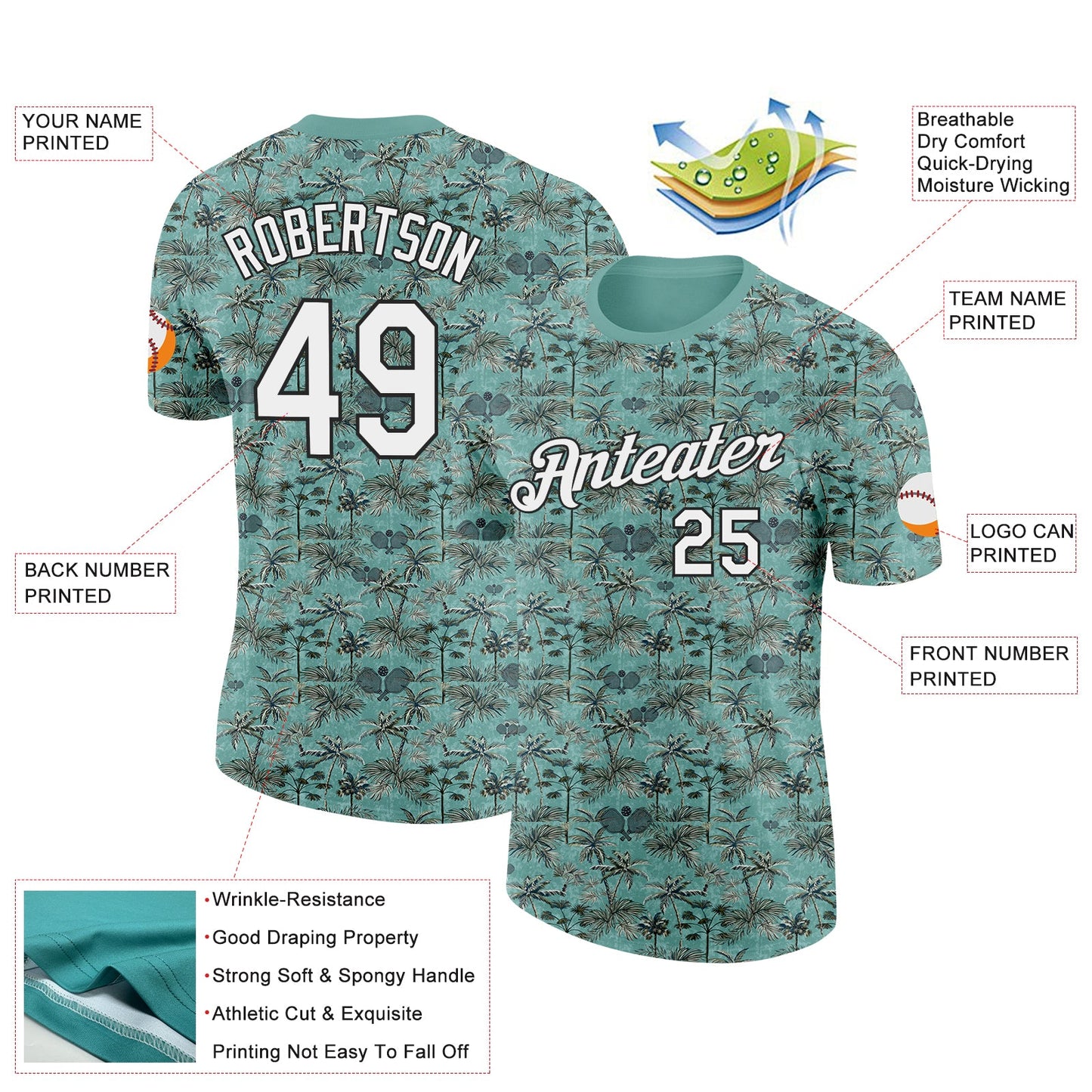 Custom Green White-Black 3D Pickleball Paddles Balls Tropical Palm Trees Performance T-Shirt view 2
