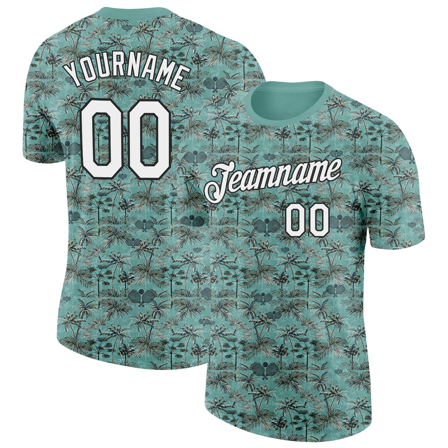 Custom Green White-Black 3D Pickleball Paddles Balls Tropical Palm Trees Performance T-Shirt - Main View