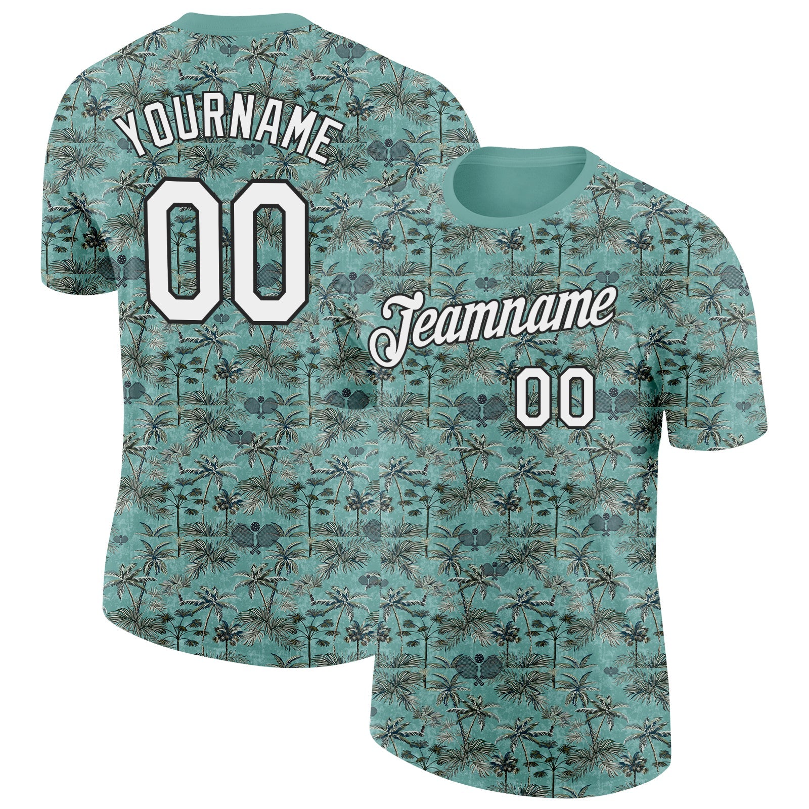 Custom Green White-Black 3D Pickleball Paddles Balls Tropical Palm Trees Performance T-Shirt - Main View