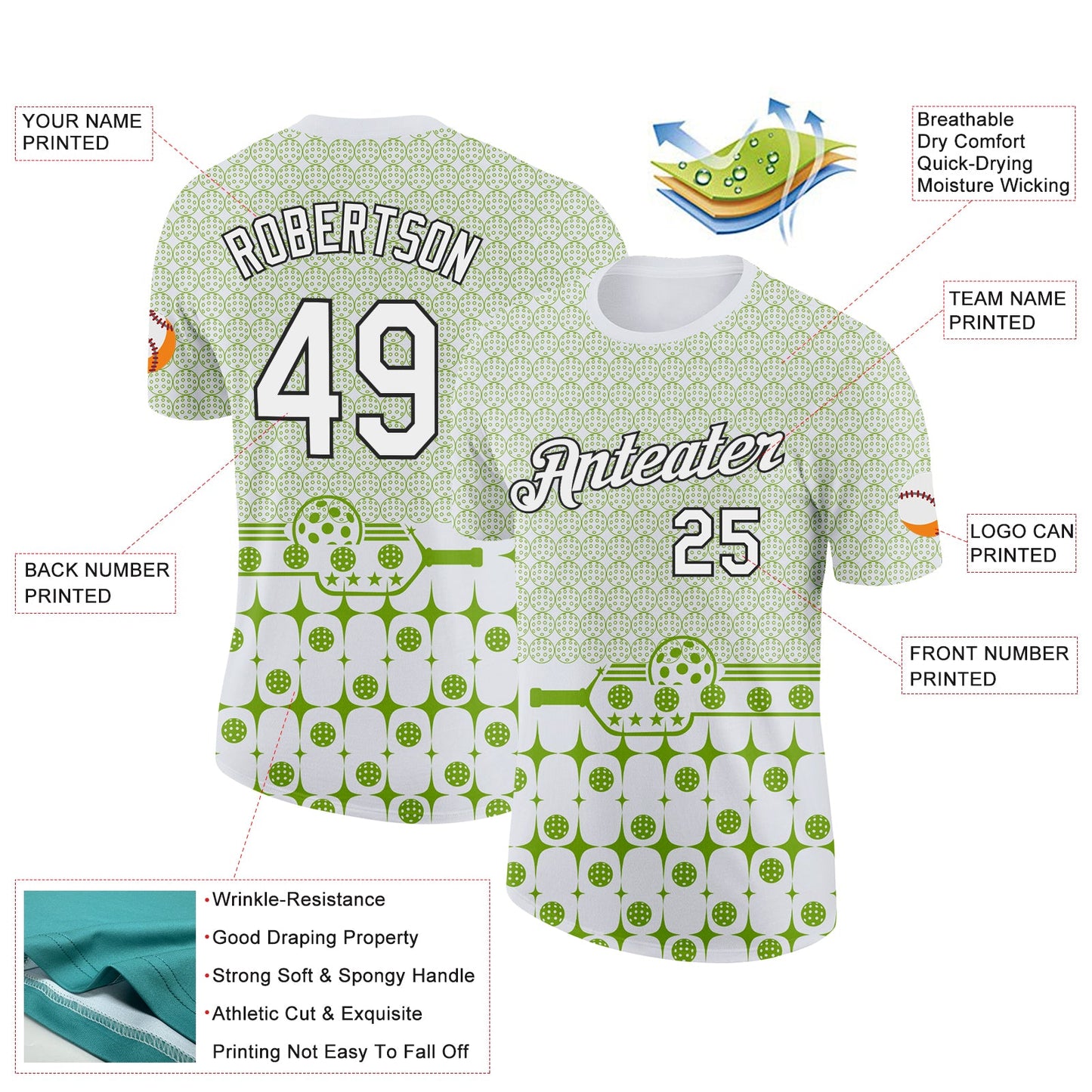 Custom Green White-Black 3D Pickleball Paddles Balls Performance T-Shirt view 2