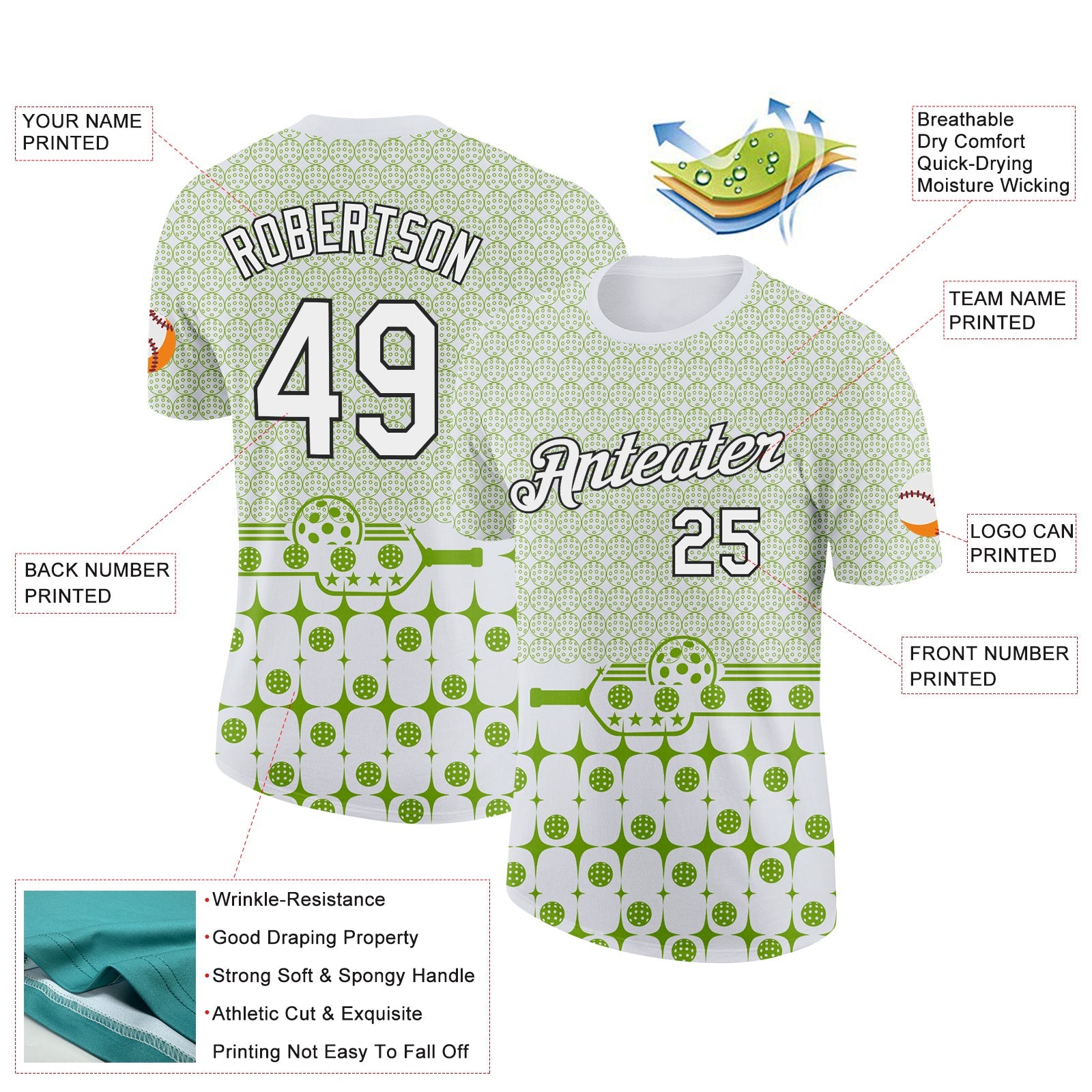 Custom Green White-Black 3D Pickleball Paddles Balls Performance T-Shirt view 2
