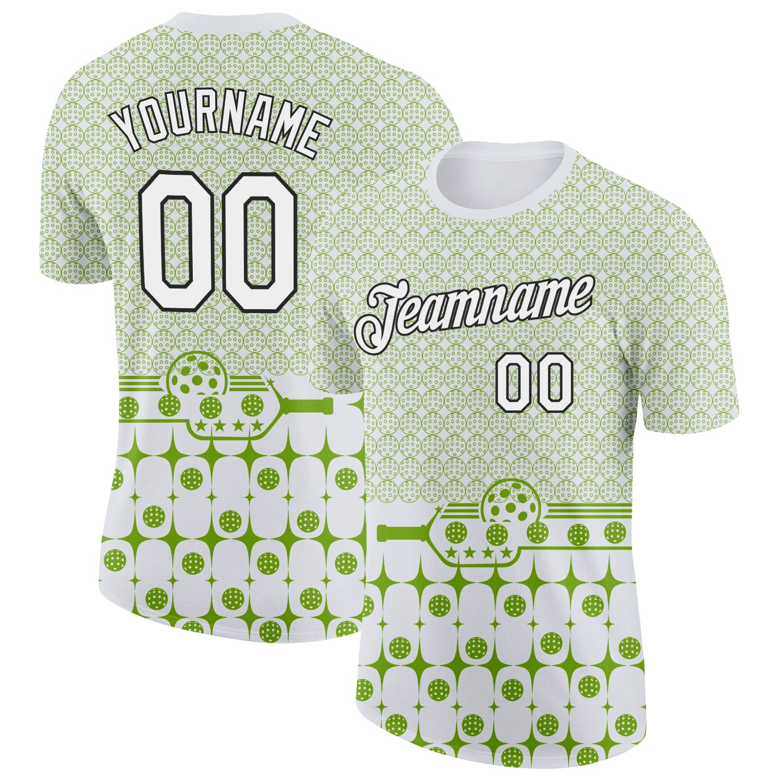 Custom Green White-Black 3D Pickleball Paddles Balls Performance T-Shirt - Main View