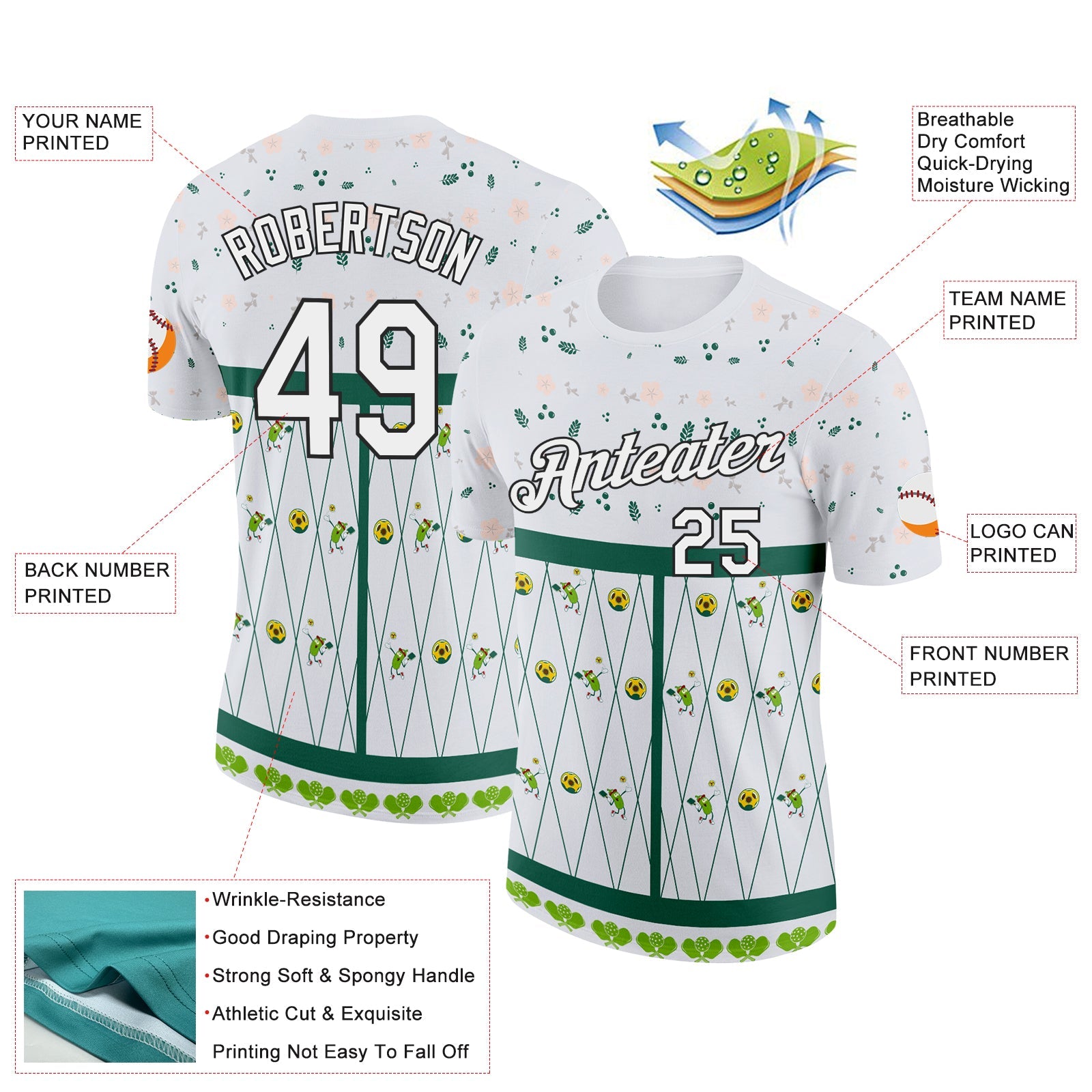 Custom Green White-Black 3D Pickleball Paddles Balls Floral Performance T-Shirt view 2