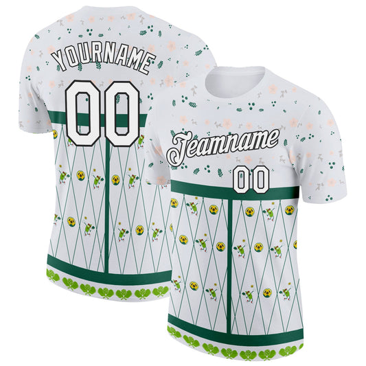 Custom Green White-Black 3D Pickleball Paddles Balls Floral Performance T-Shirt - Main View