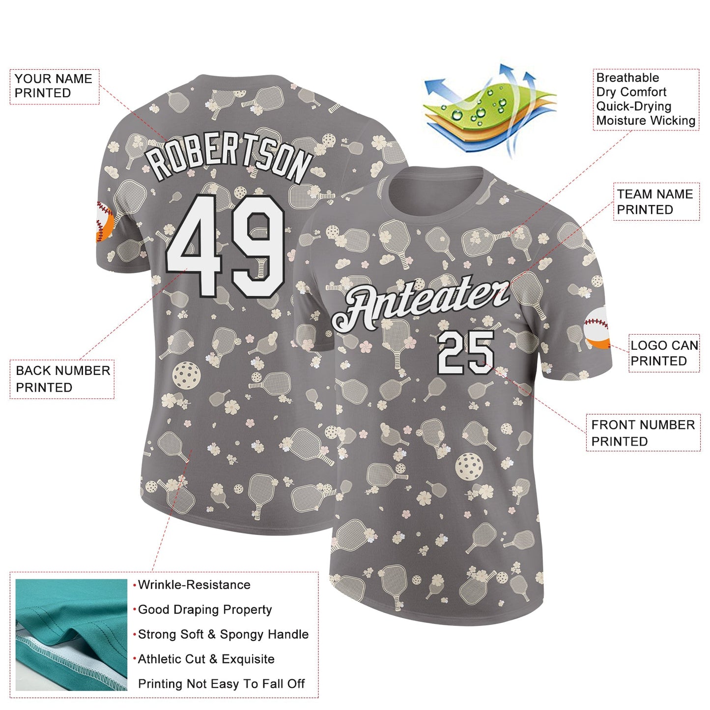 Custom Gray White-Black 3D Pickleball Paddles Balls Floral Performance T-Shirt view 2