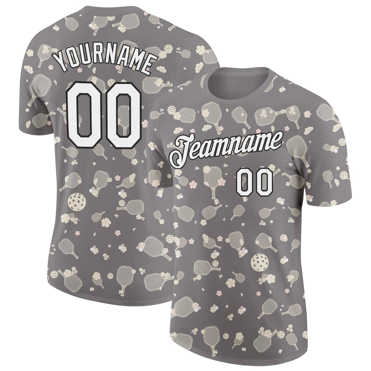 Custom Gray White-Black 3D Pickleball Paddles Balls Floral Performance T-Shirt - Main View