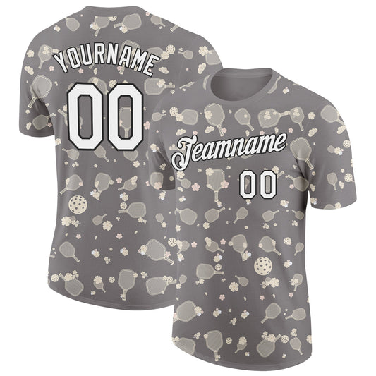 Custom Gray White-Black 3D Pickleball Paddles Balls Floral Performance T-Shirt - Main View