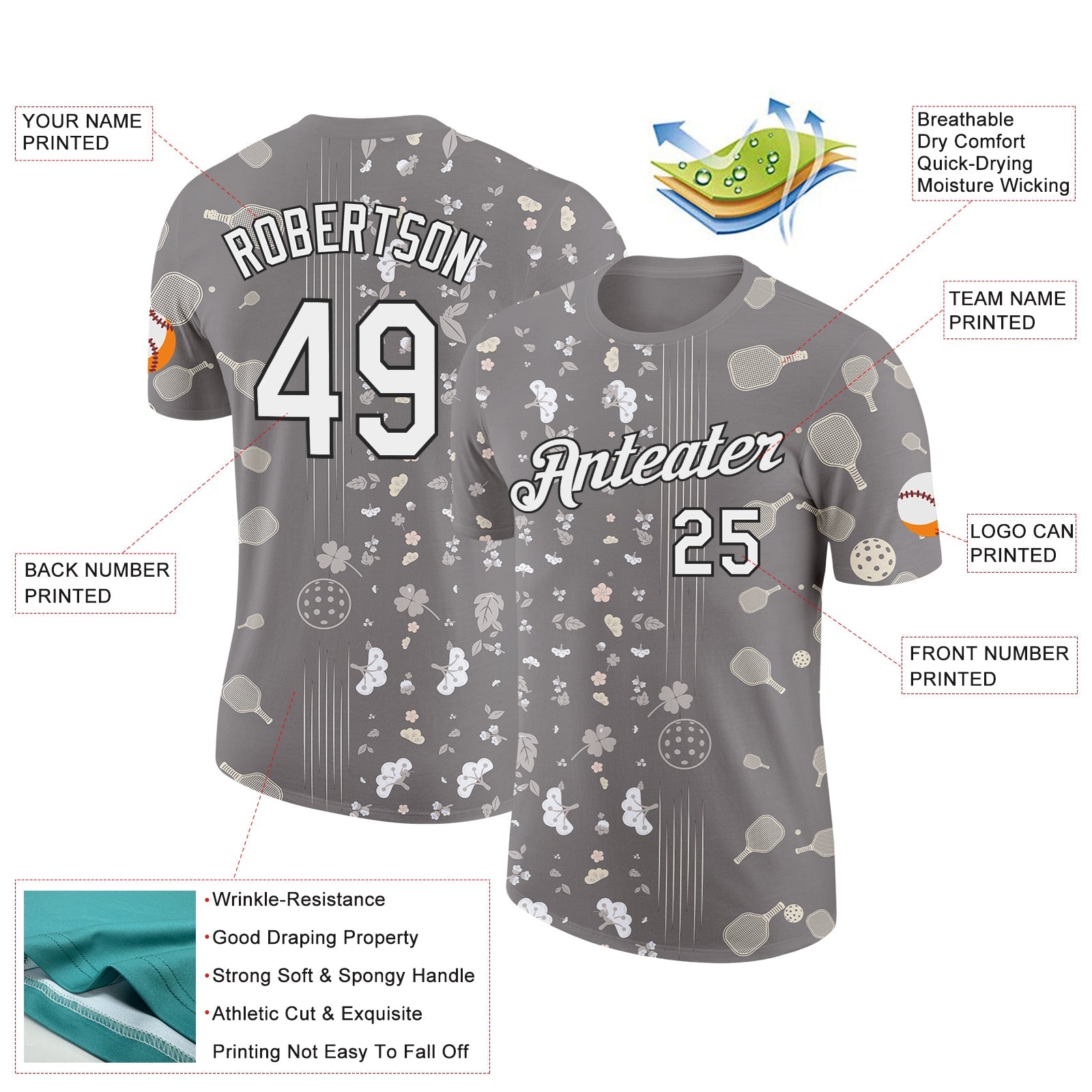 Custom Gray White-Black 3D Pickleball Paddles Balls Floral Performance T-Shirt view 2