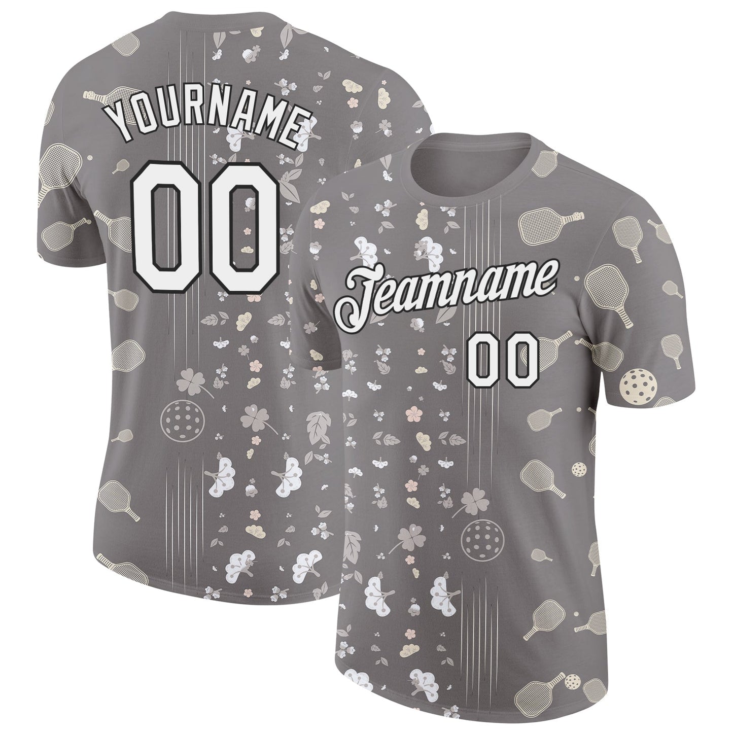 Custom Gray White-Black 3D Pickleball Paddles Balls Floral Performance T-Shirt - Main View