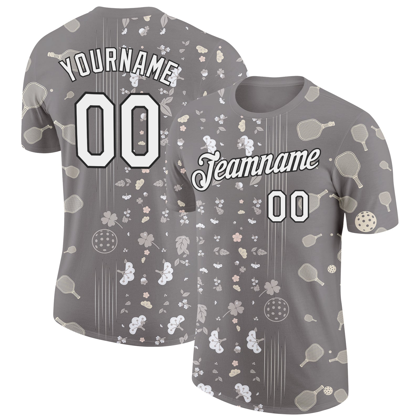 Custom Gray White-Black 3D Pickleball Paddles Balls Floral Performance T-Shirt - Main View