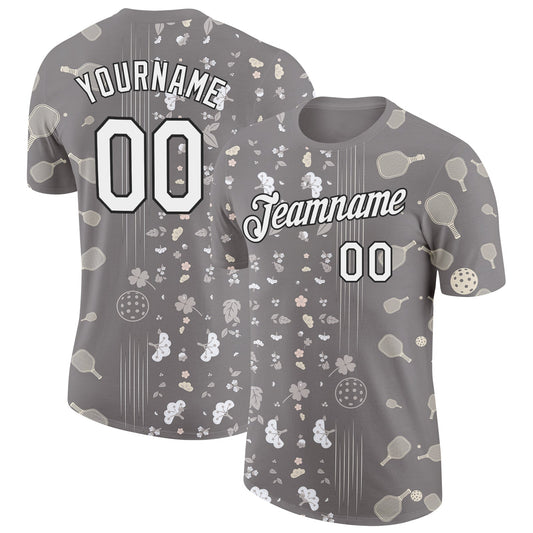 Custom Gray White-Black 3D Pickleball Paddles Balls Floral Performance T-Shirt - Main View