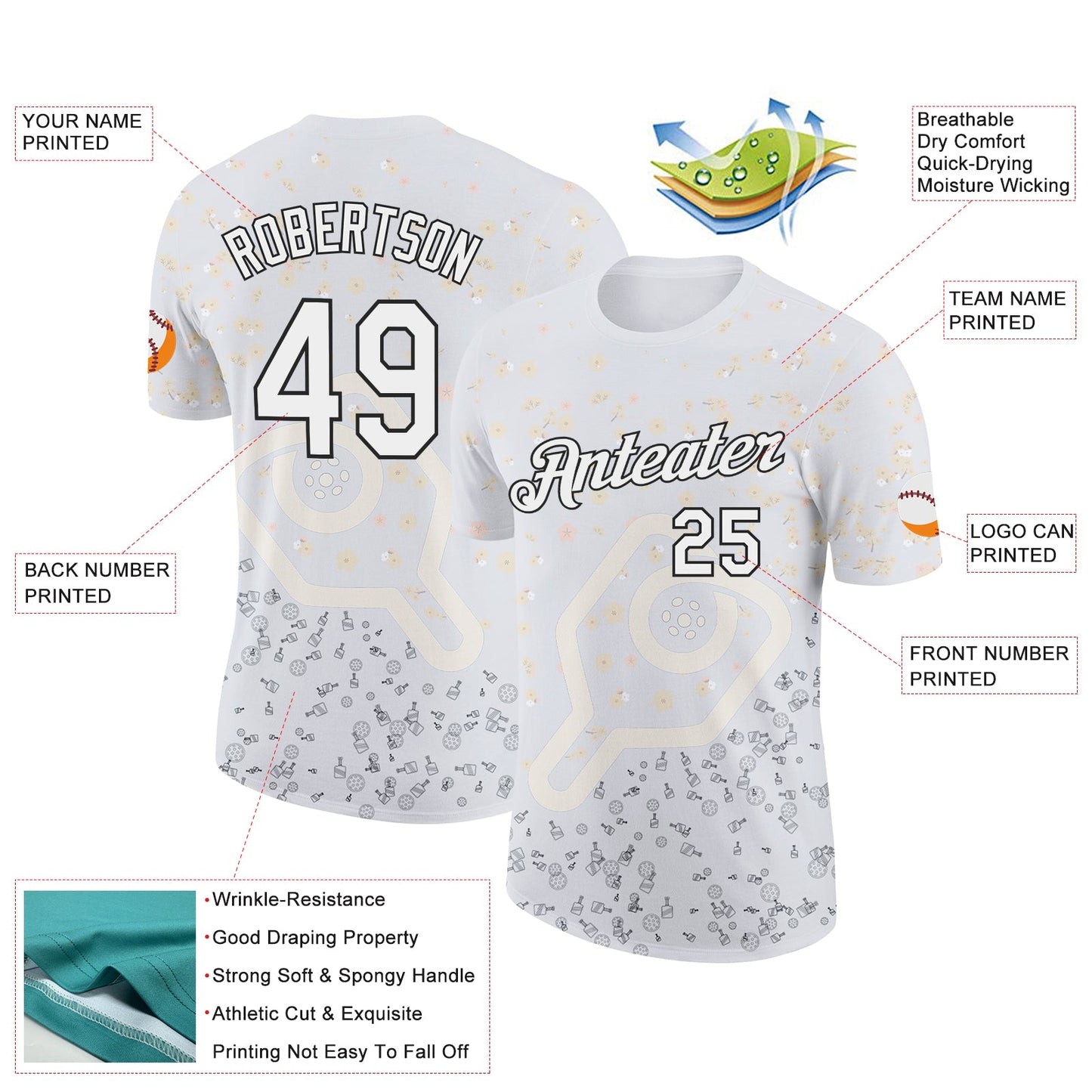 Custom White Black 3D Pickleball Paddles Balls Floral Performance T-Shirt view 2