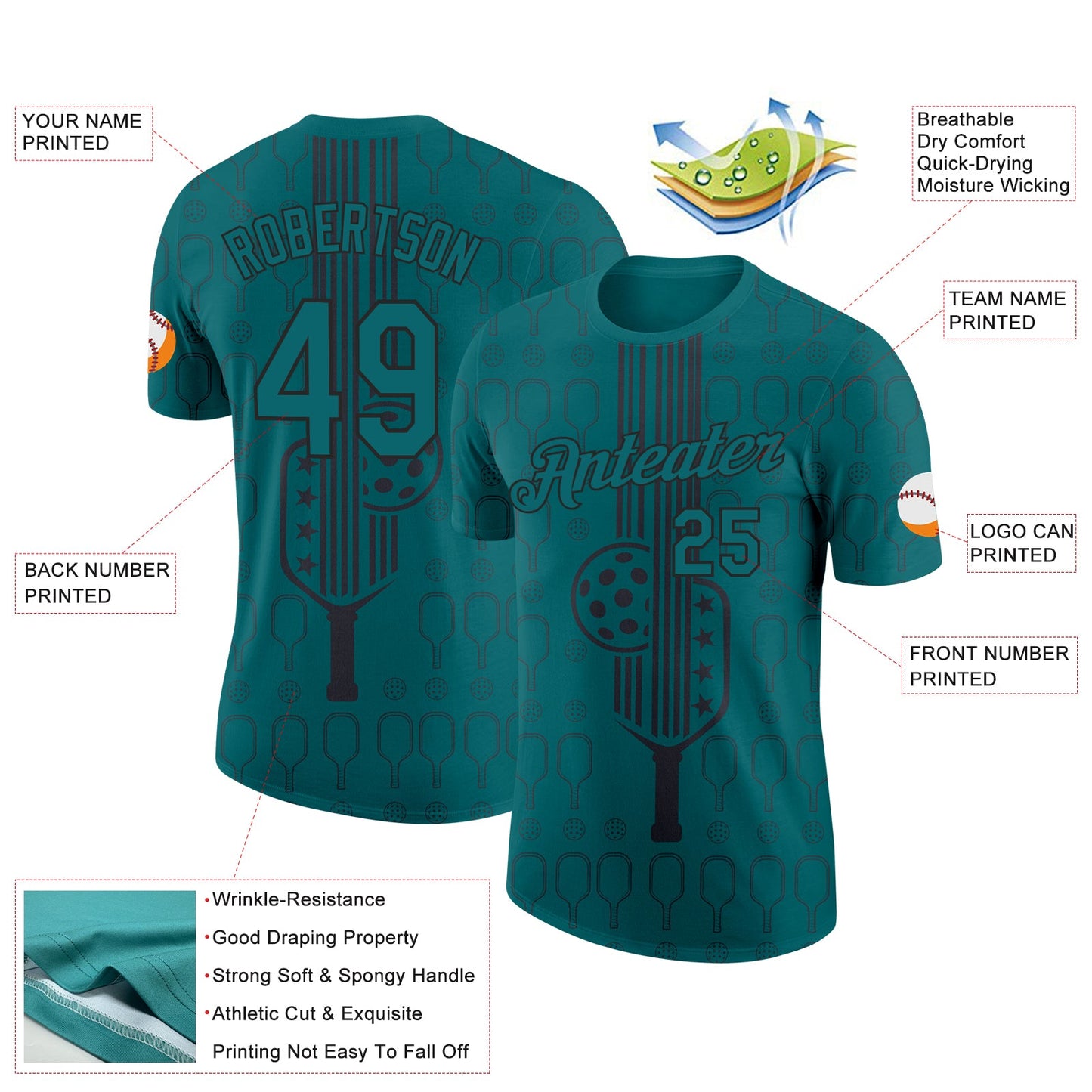 Custom Teal Black 3D Pickleball Paddles Balls Performance T-Shirt view 2