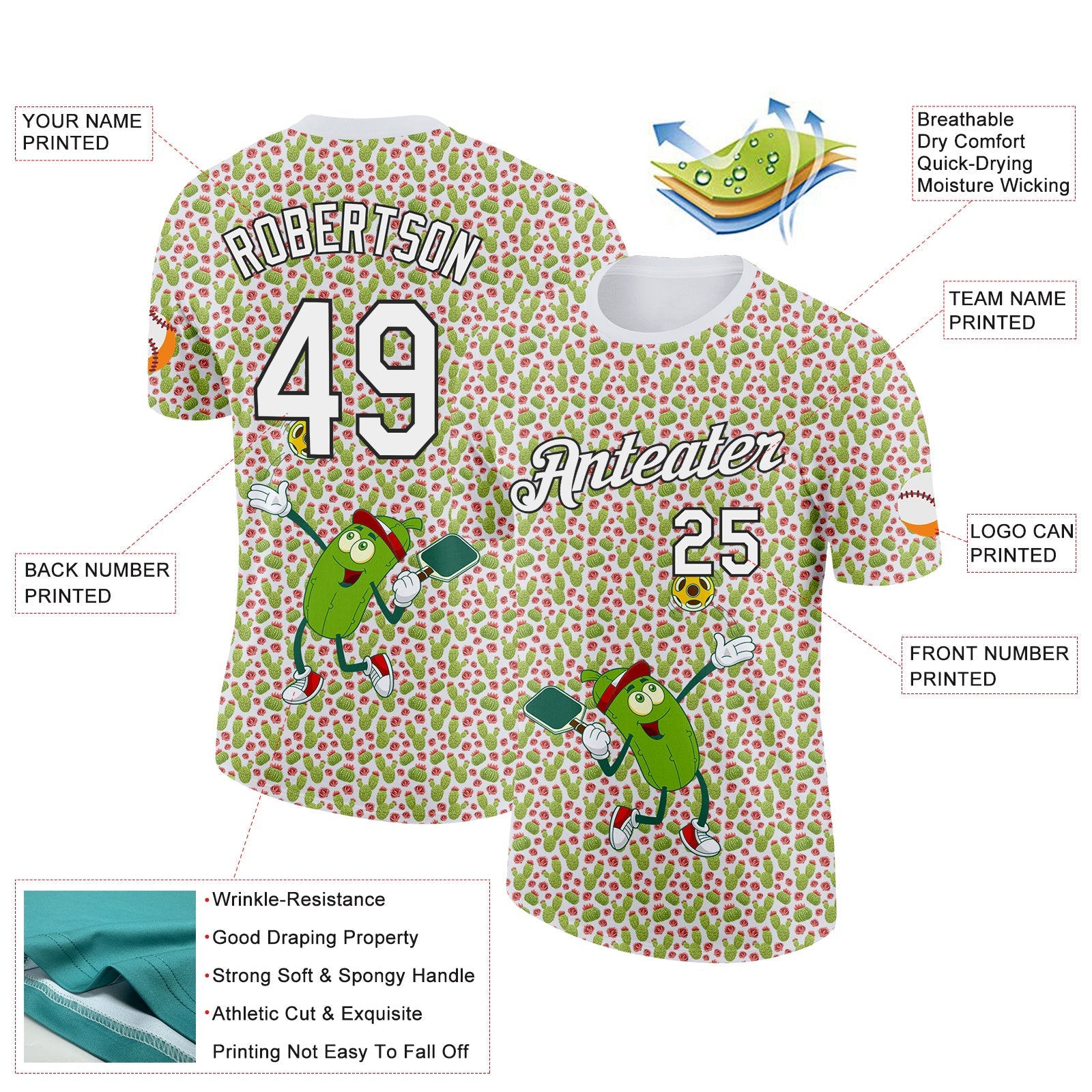 Custom White Black 3D Pickleball Paddles Balls Cactus Performance T-Shirt view 2