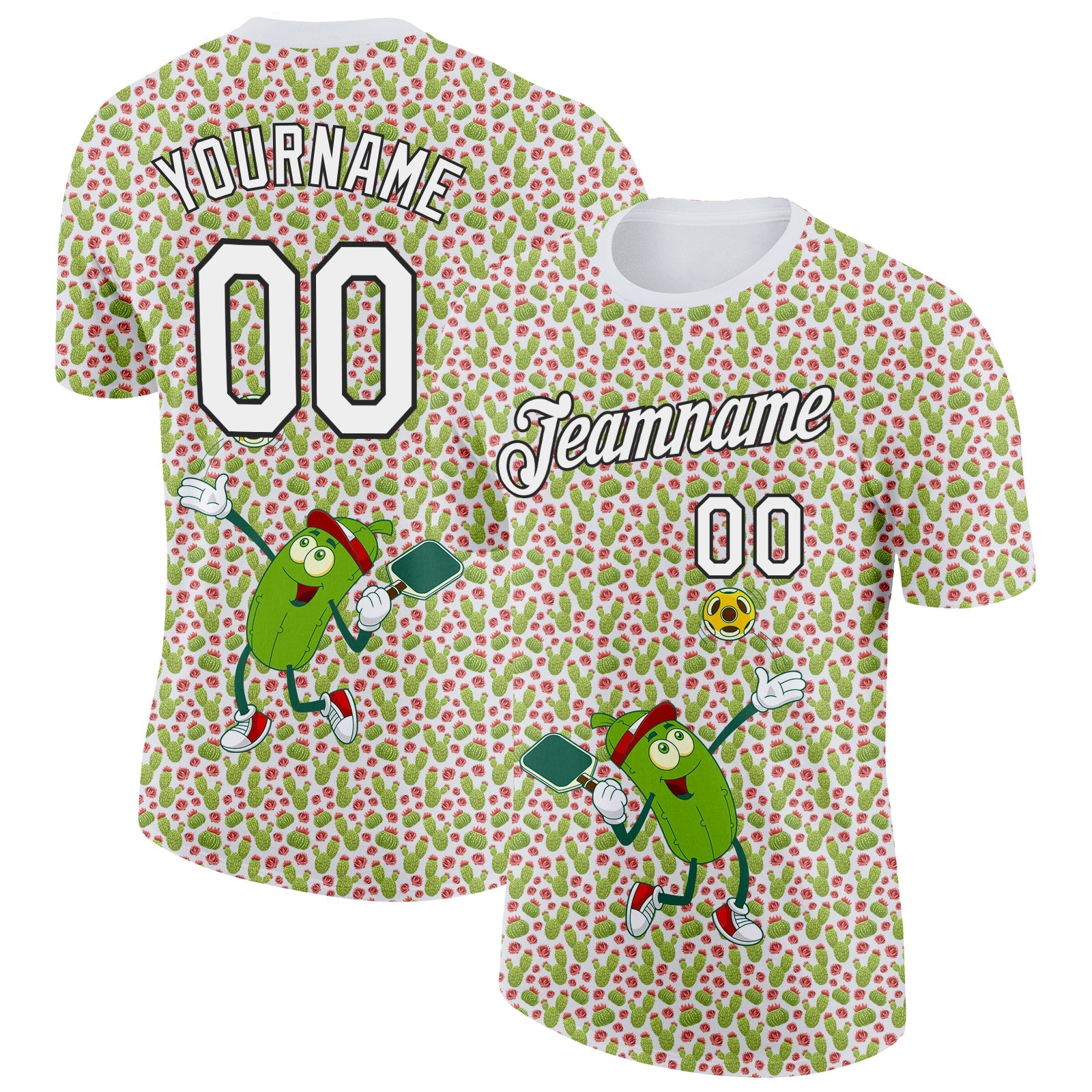 Custom White Black 3D Pickleball Paddles Balls Cactus Performance T-Shirt - Main View