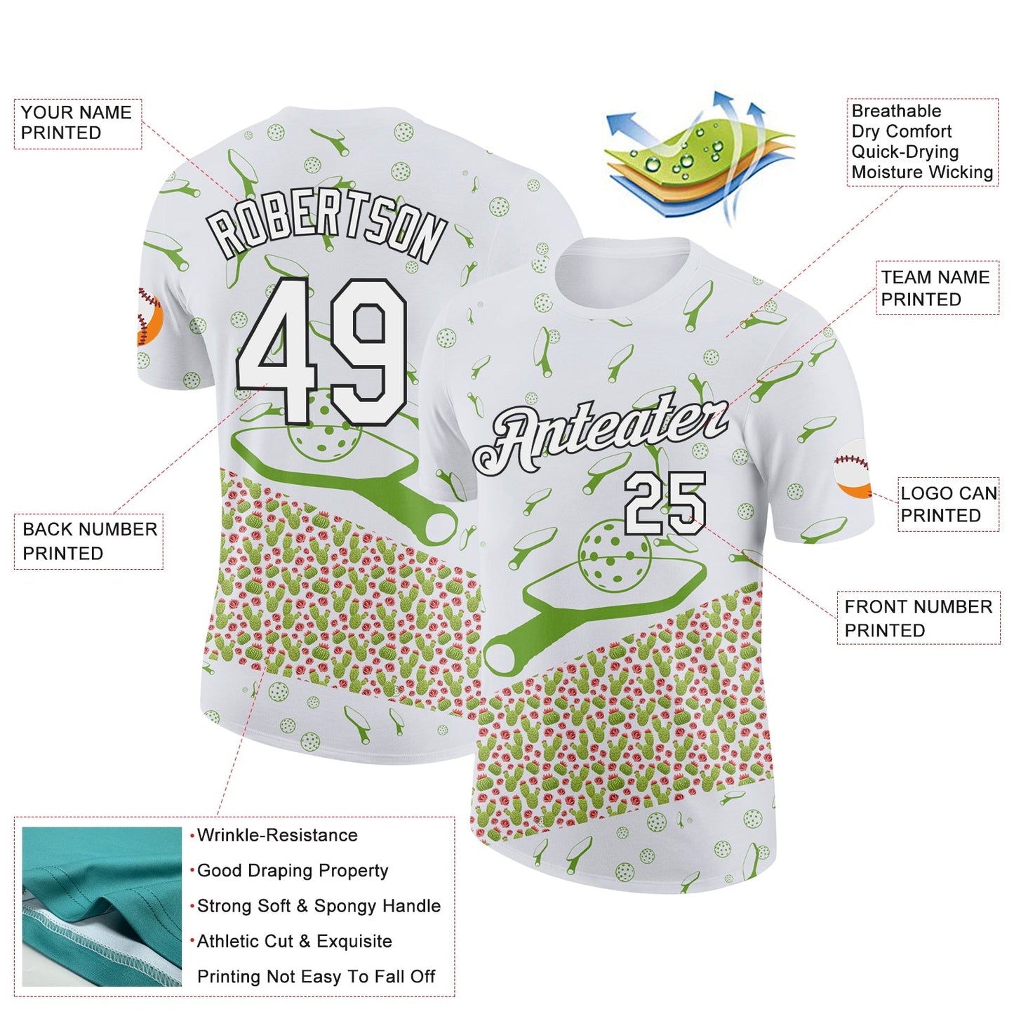 Custom White Black 3D Pickleball Paddles Balls Cactus Performance T-Shirt view 2