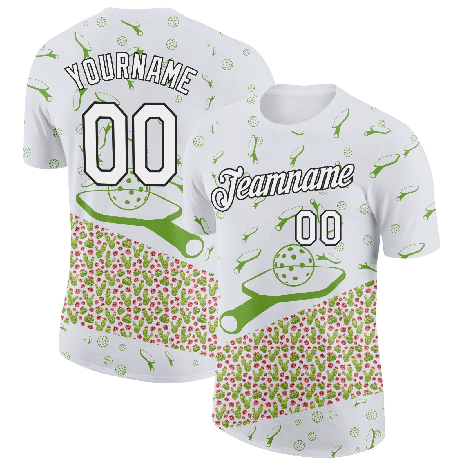 Custom White Black 3D Pickleball Paddles Balls Cactus Performance T-Shirt - Main View