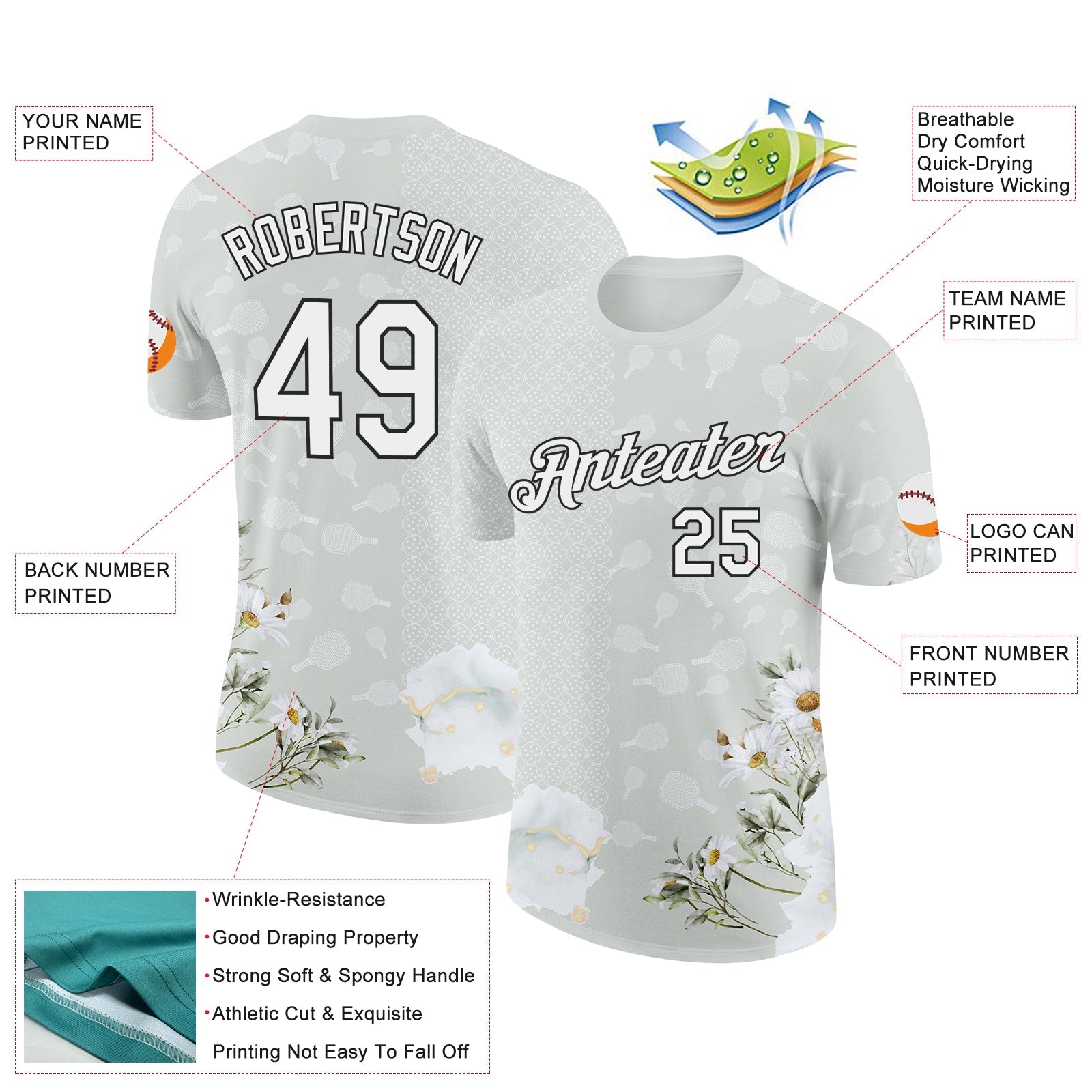 Custom Gray White-Black 3D Pickleball Paddles Balls Floral Performance T-Shirt view 2