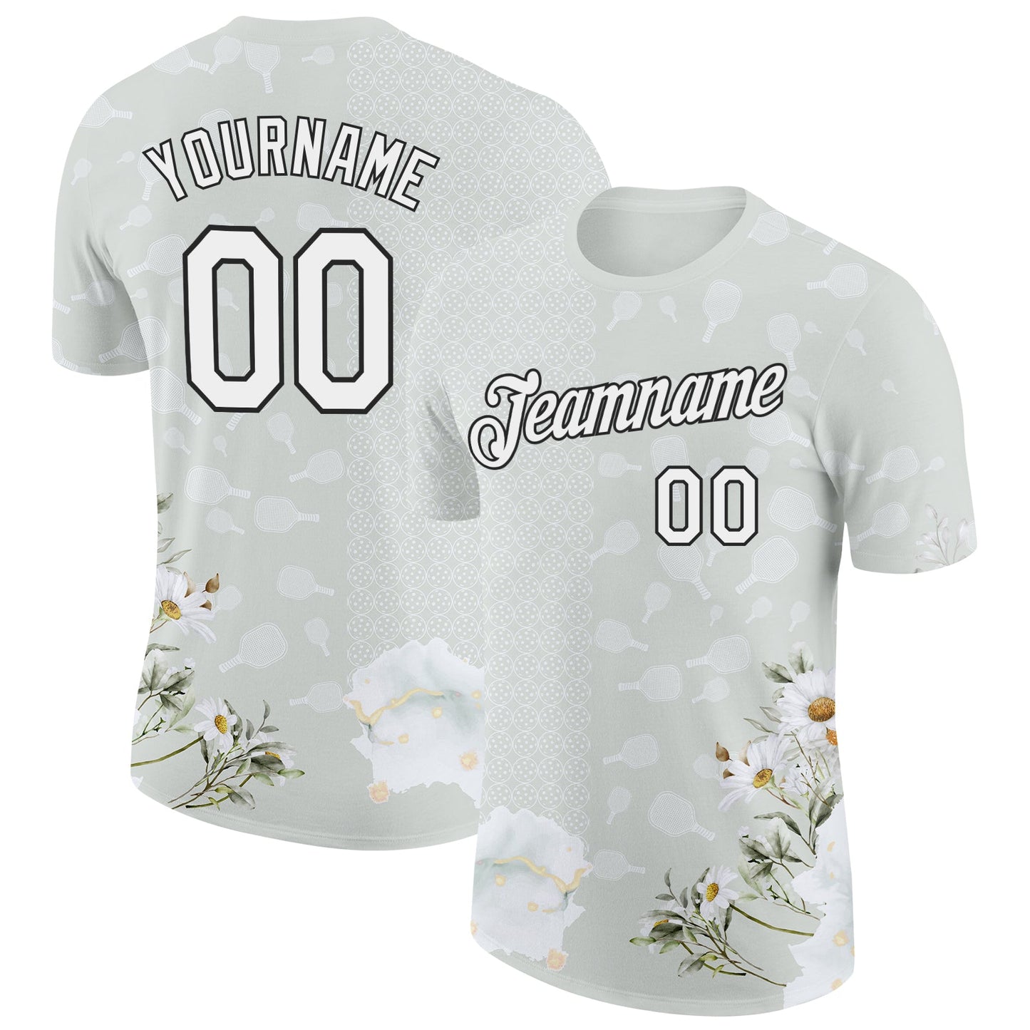 Custom Gray White-Black 3D Pickleball Paddles Balls Floral Performance T-Shirt - Main View