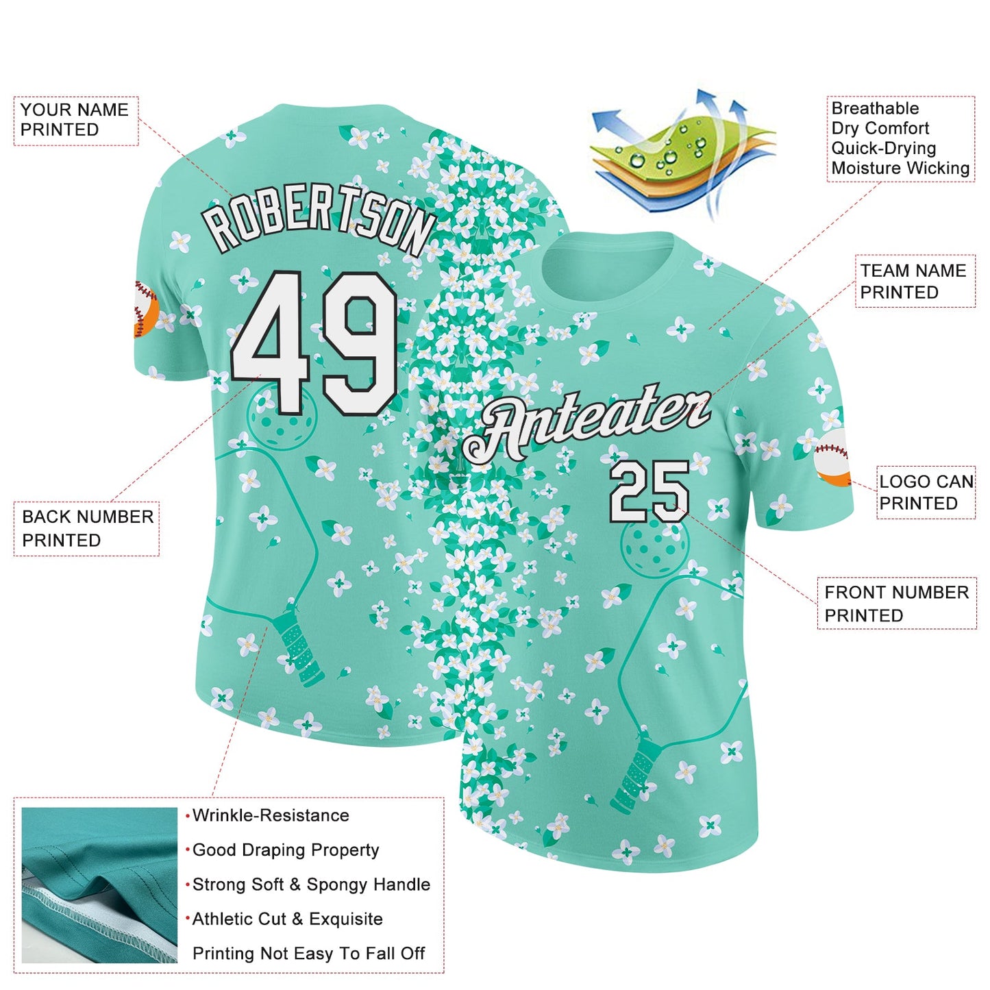 Custom Green White-Black 3D Pickleball Paddles Balls Floral Performance T-Shirt view 2