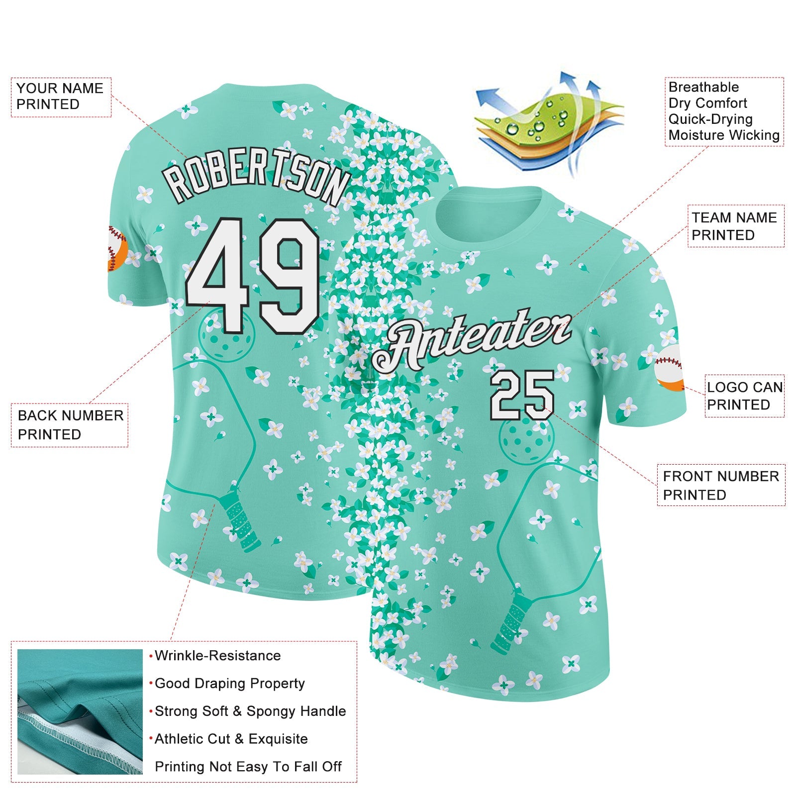 Custom Green White-Black 3D Pickleball Paddles Balls Floral Performance T-Shirt view 2