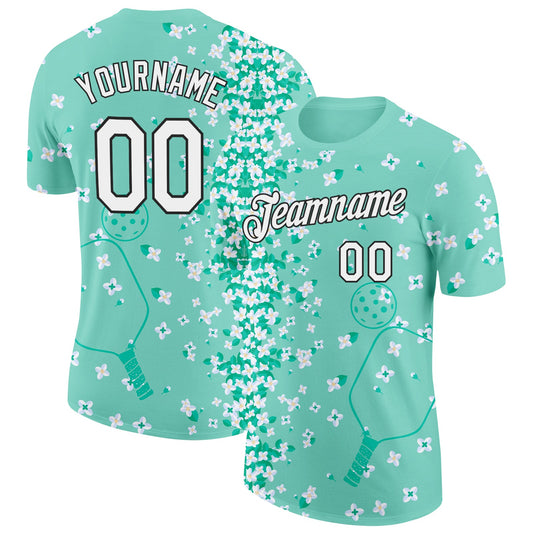 Custom Green White-Black 3D Pickleball Paddles Balls Floral Performance T-Shirt - Main View