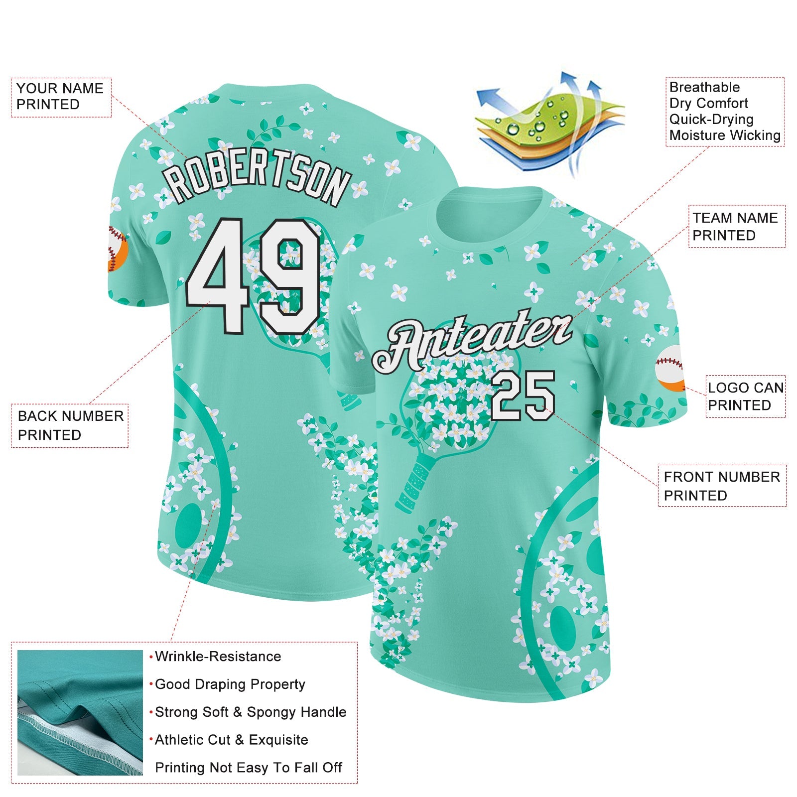 Custom Green White-Black 3D Pickleball Paddles Balls Floral Performance T-Shirt view 2